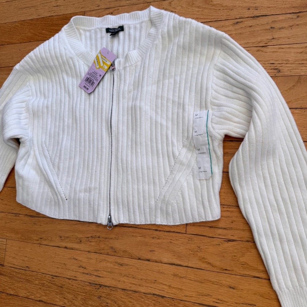 Wild Fable White Ribbed Cropped Zip Up Cardigan Sweater Medium NWT